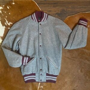 Gray Wool Varsity Bomber Jacket Burgundy Stripe Trim Snap Front Small Vintage